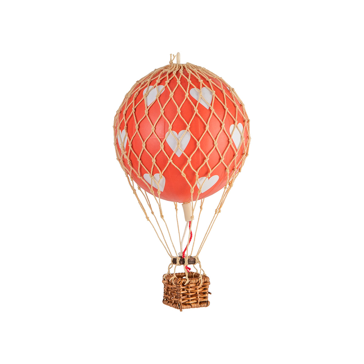 A whimsical journey in a Wonderen Extra Small Hot Air Balloon - Floating The Skies adorned with hearts, made by Wonderen Stroopwafels.