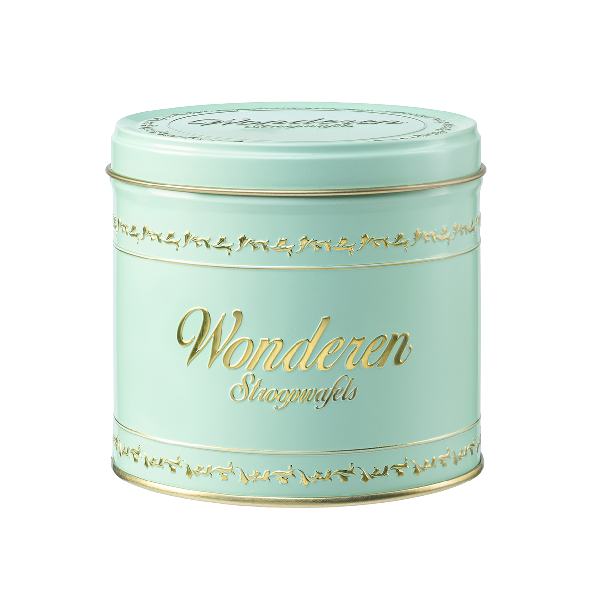 A mint green Authentic Green Stroopwafel Tin Can with Refill with the word Wonderen Stroopwafels on it.