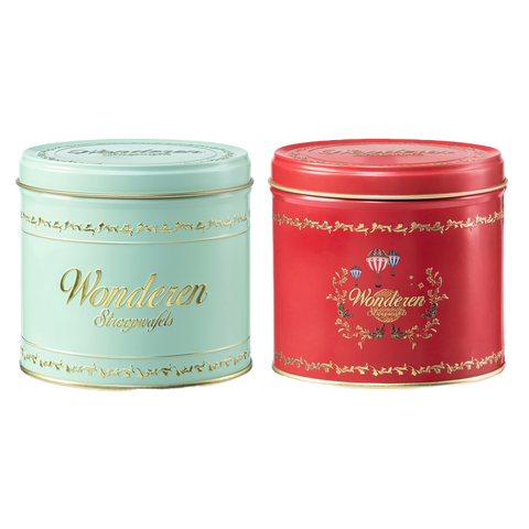 Two Double Authentic Mixed Tin Cans with the brand name Wonderen Stroopwafels on them.