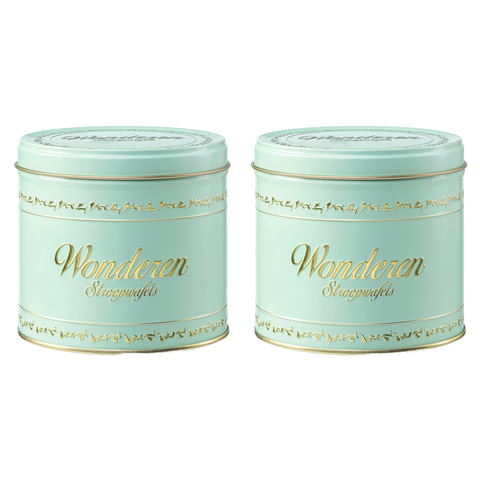 Two Double Authentic Green Stroopwafel Tin Cans with the word 'Wonderland' on them.