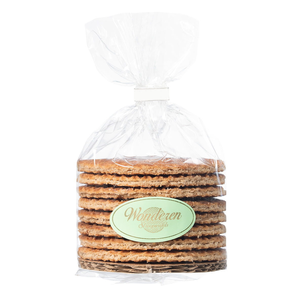 A stack of Double Authentic Green Stroopwafel Tin Cans, called Wonderen Stroopwafels, in a plastic bag on a white background.